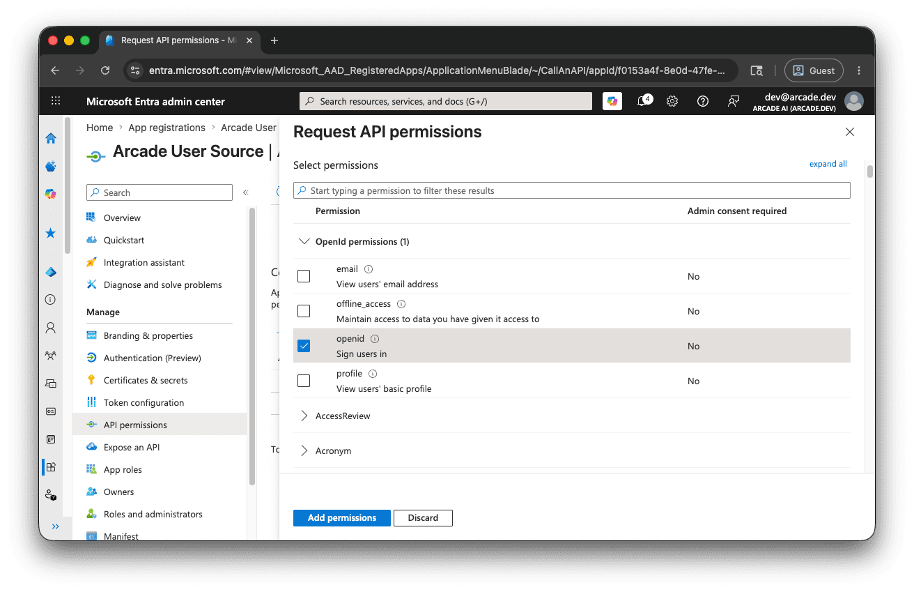 Request API permissions panel with the openid OpenID permission checked